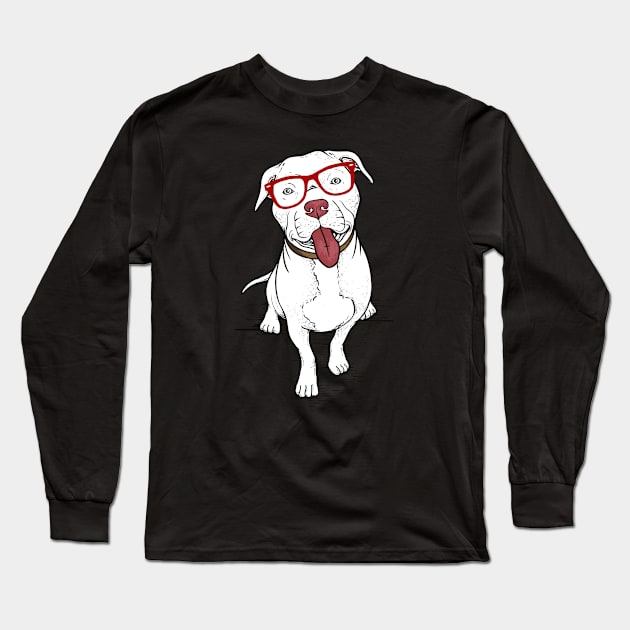 Cute Pitbull In Glasses Gift Pit Bull Lover Pitbulls Print Long Sleeve T-Shirt by Linco